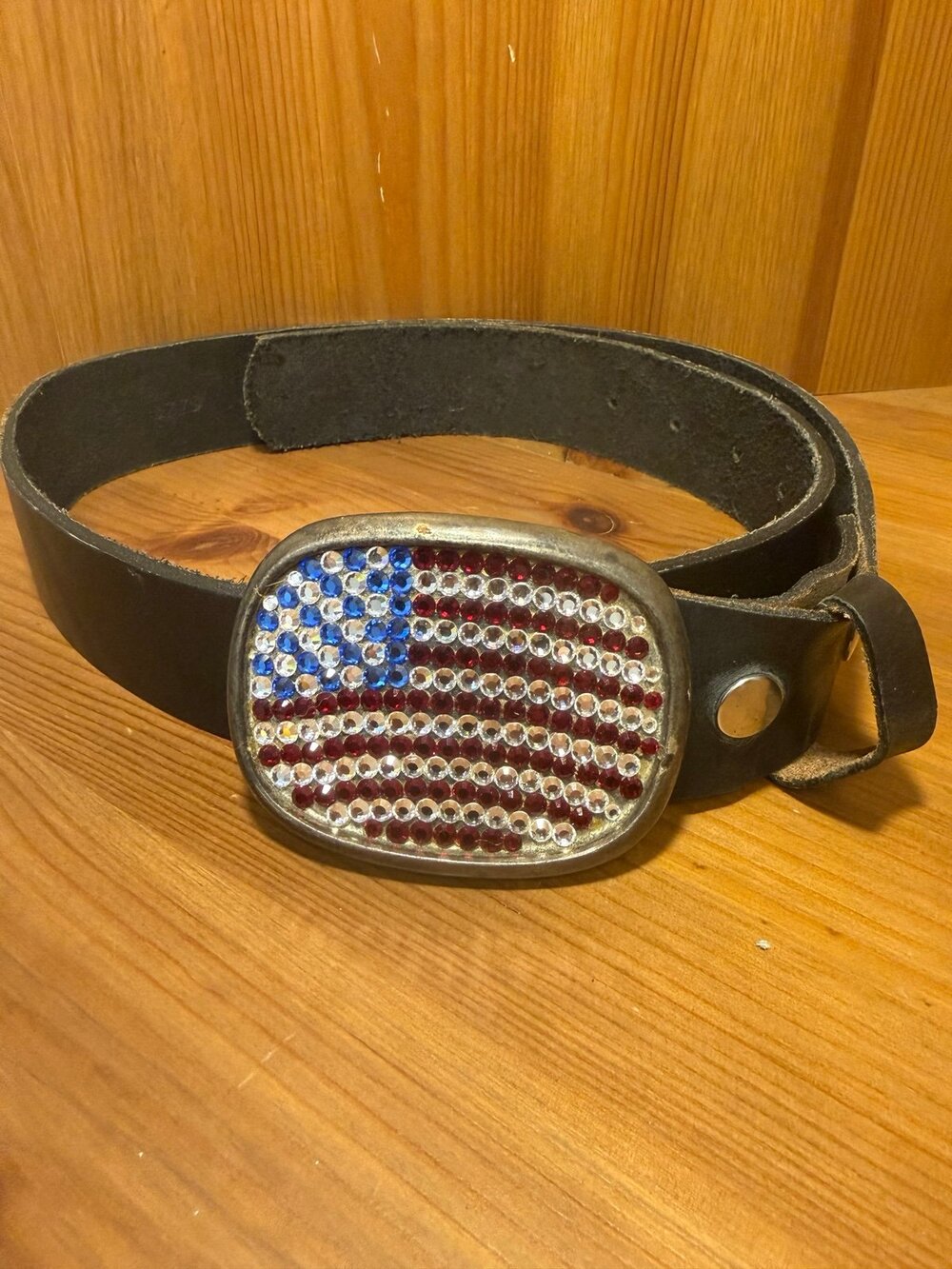 Bebe Black Leather Belt Rhinestone American Flag Buckle Patriotic USA